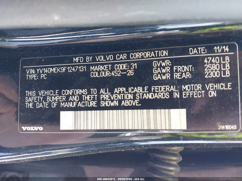 VOLVO V60 2015 VIN YV140MEK9F1247131