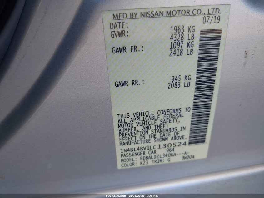 NISSAN ALTIMA 2020 VIN 1N4BL4BV1LC130524