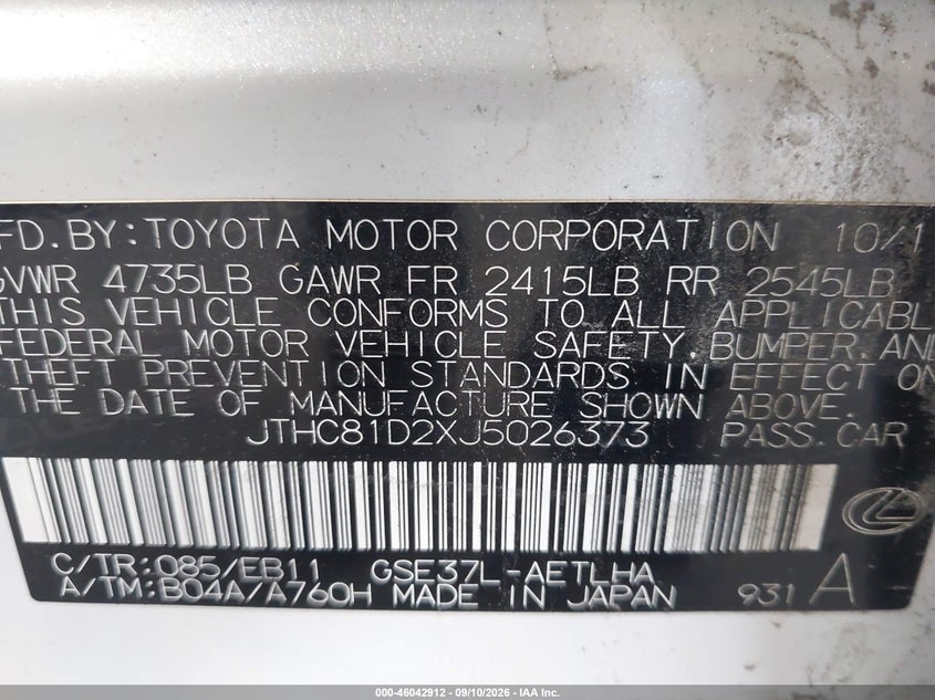 LEXUS IS 300 2018 VIN JTHC81D2XJ5026373