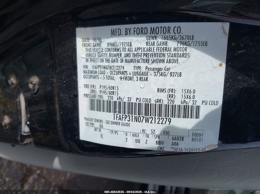 2007 FORD FOCUS HATCHBACK 2.0L I-4 DOHC, REGULAR , 136HP