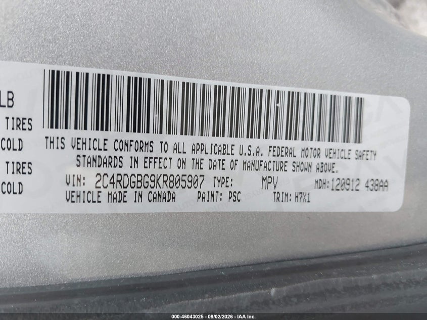 DODGE GRAND CARAVAN 2019 VIN 2C4RDGBG9KR805907