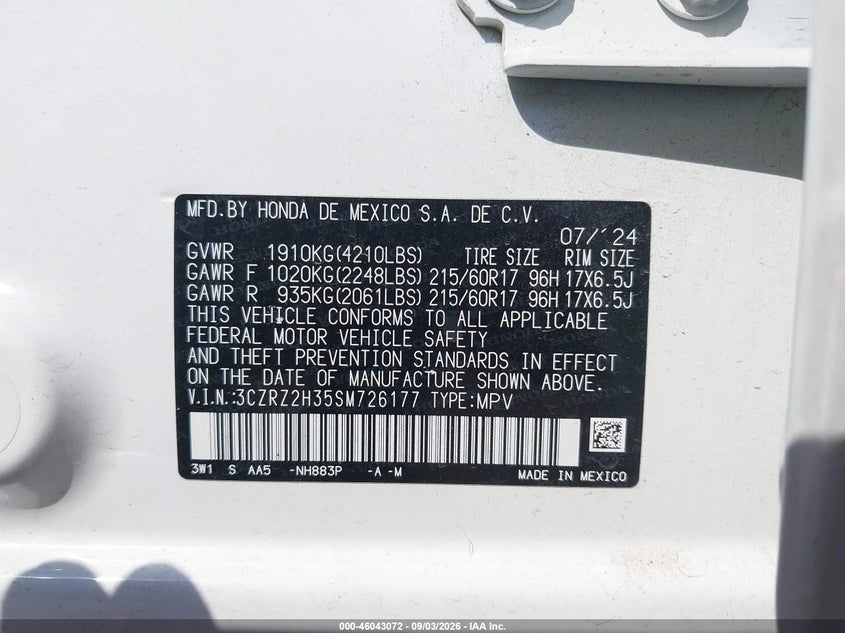 HONDA HR-V 2025 VIN 3CZRZ2H35SM726177