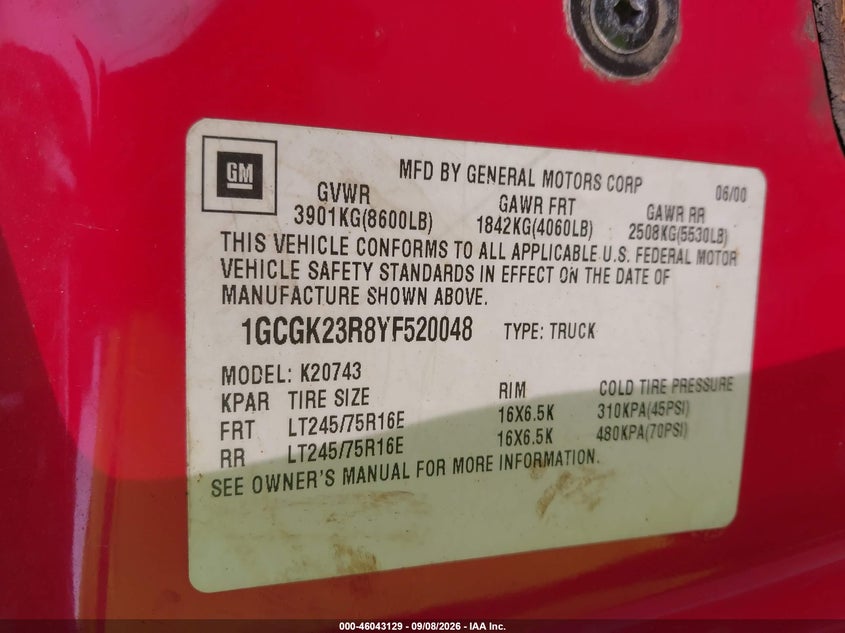 CHEVROLET K2500 2000 VIN 1GCGK23R8YF520048