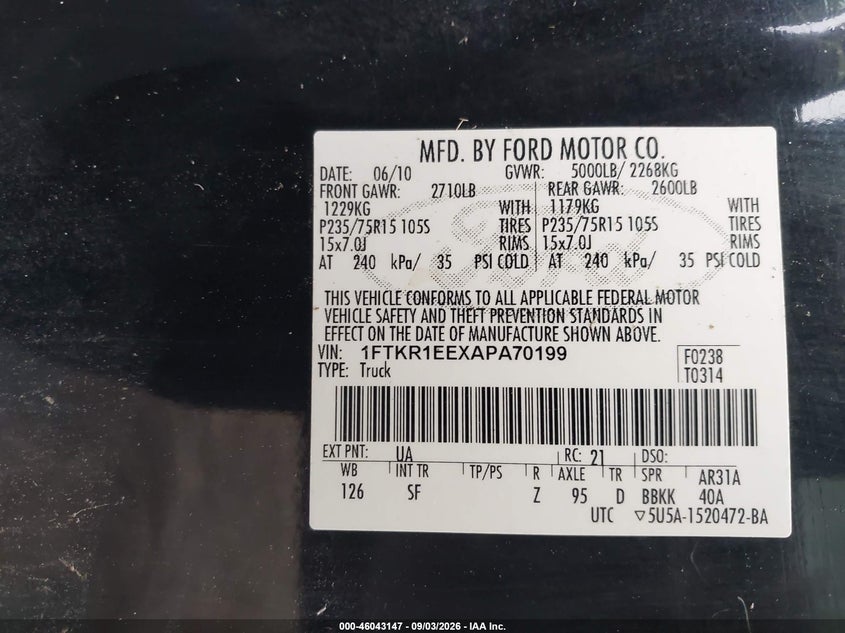 FORD RANGER 2010 VIN 1FTKR1EEXAPA70199