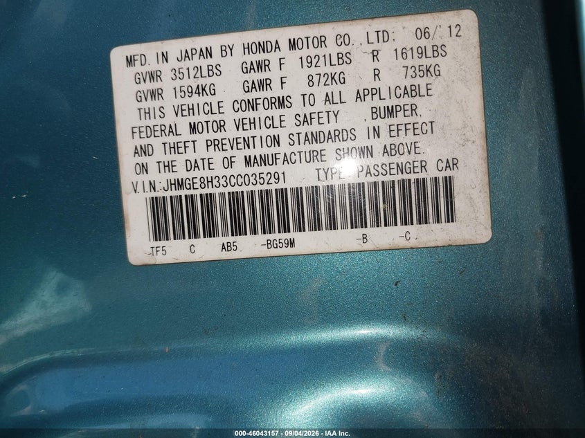 HONDA FIT 2012 VIN JHMGE8H33CC035291
