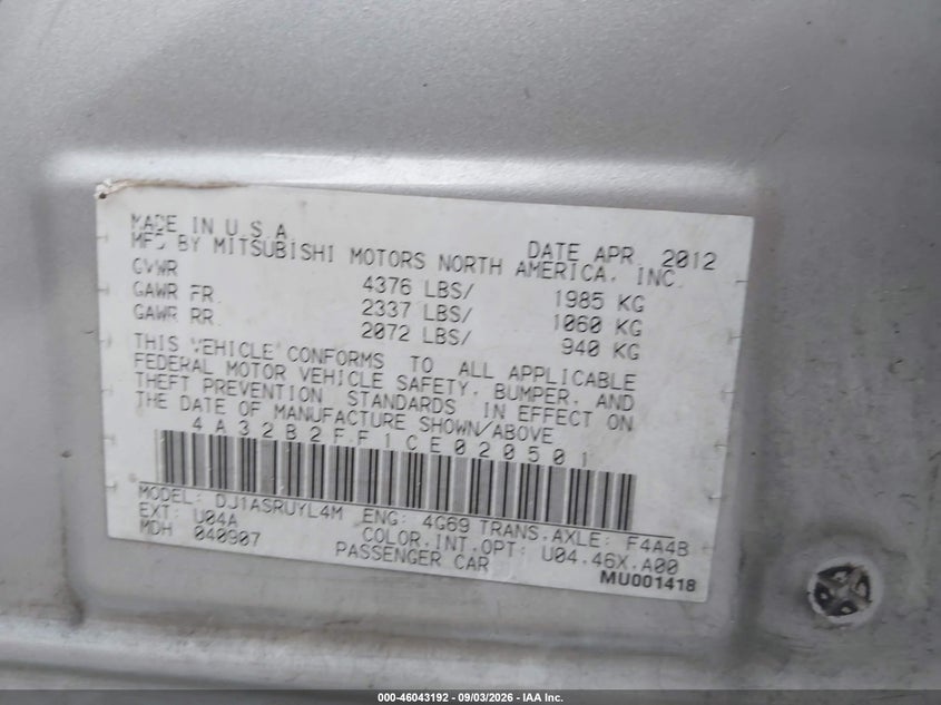 MITSUBISHI GALANT 2012 VIN 4A32B2FF1CE020501