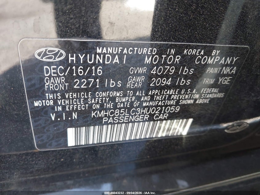 HYUNDAI IONIQ HYBRID 2017 VIN KMHC85LC3HU021059
