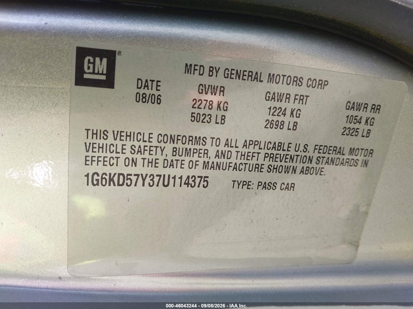 CADILLAC DTS 2007 VIN 1G6KD57Y37U114375