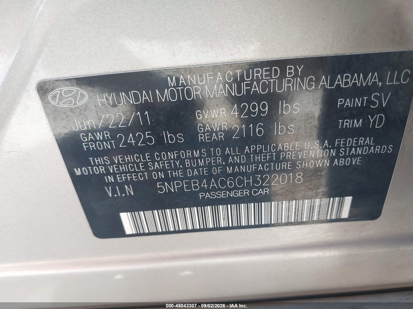 2012 HYUNDAI SONATA SEDAN 2.4L I-4 DI, DOHC, VVT, REGULAR , 190HP