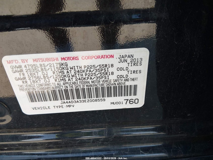 2014 MITSUBISHI OUTLANDER SPORT UTILITY VEHICLE 2.4L I-4 VVT, REGULAR , 166HP