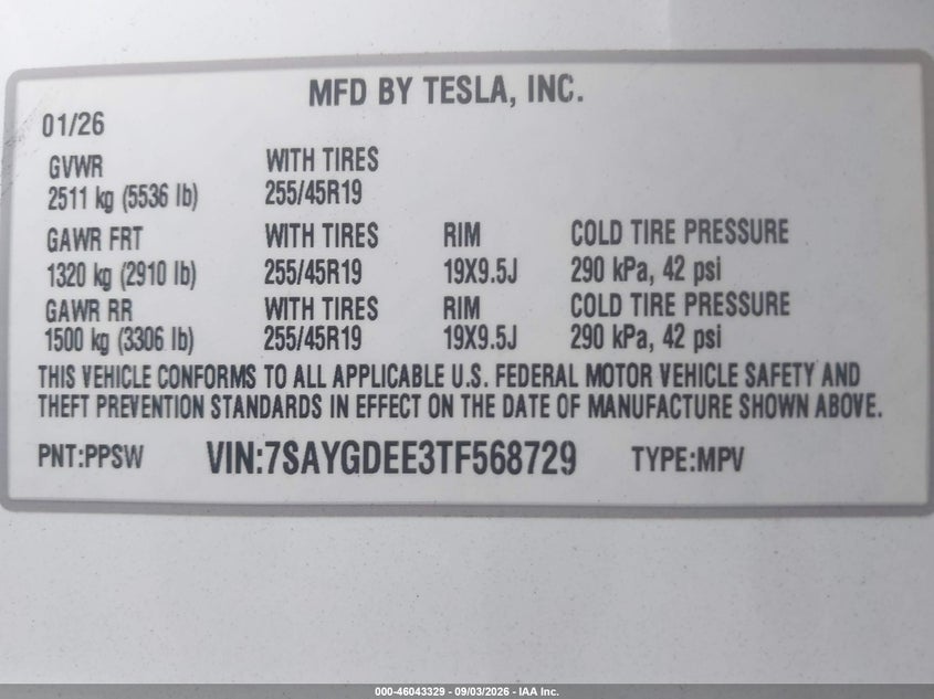 TESLA MODEL Y 2026 VIN 7SAYGDEE3TF568729