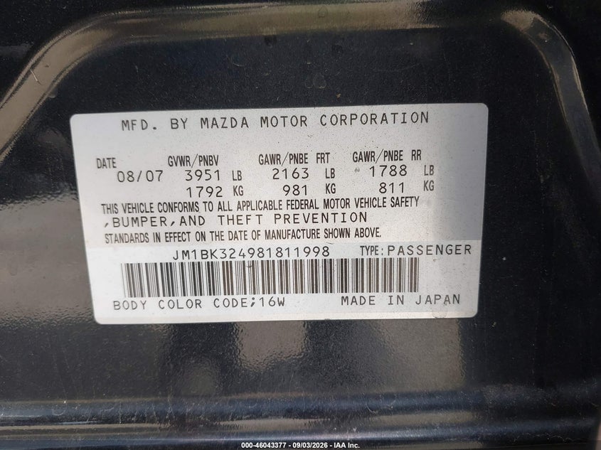 MAZDA MAZDA3 2008 VIN JM1BK324981811998