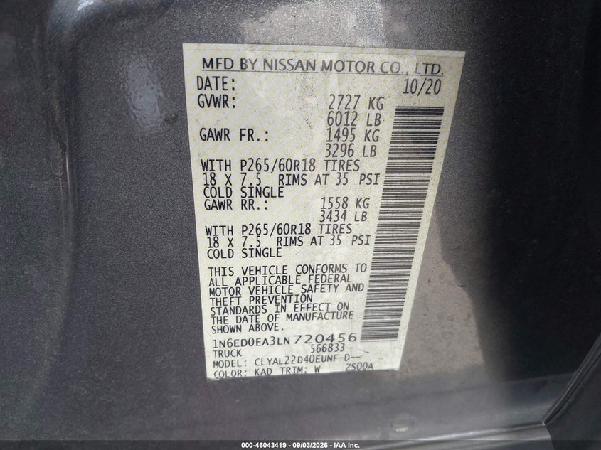 2020 NISSAN NAVARA (FRONTIER) PICKUP 3.8L V-6 DI, DOHC, VVT, 310HP