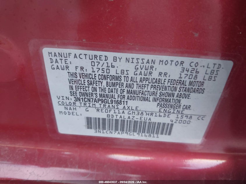 NISSAN VERSA 2016 VIN 3N1CN7AP9GL916811