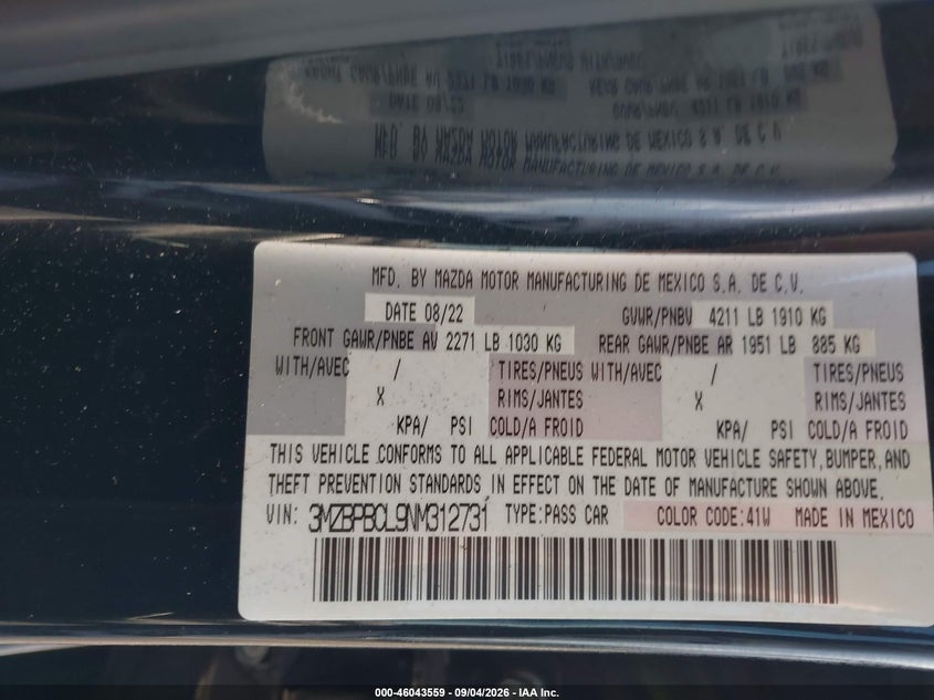 MAZDA MAZDA3 2022 VIN 3MZBPBCL9NM312731
