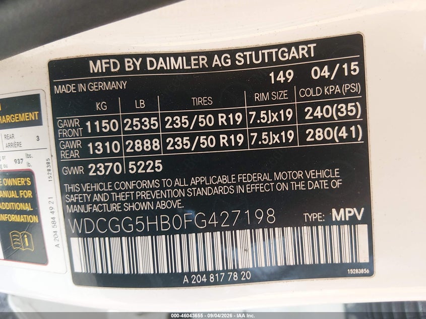 MERCEDES-BENZ GLK 350 2015 VIN WDCGG5HB0FG427198
