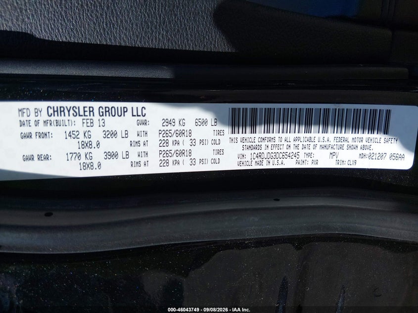 DODGE DURANGO 2013 VIN 1C4RDJDG3DC654245