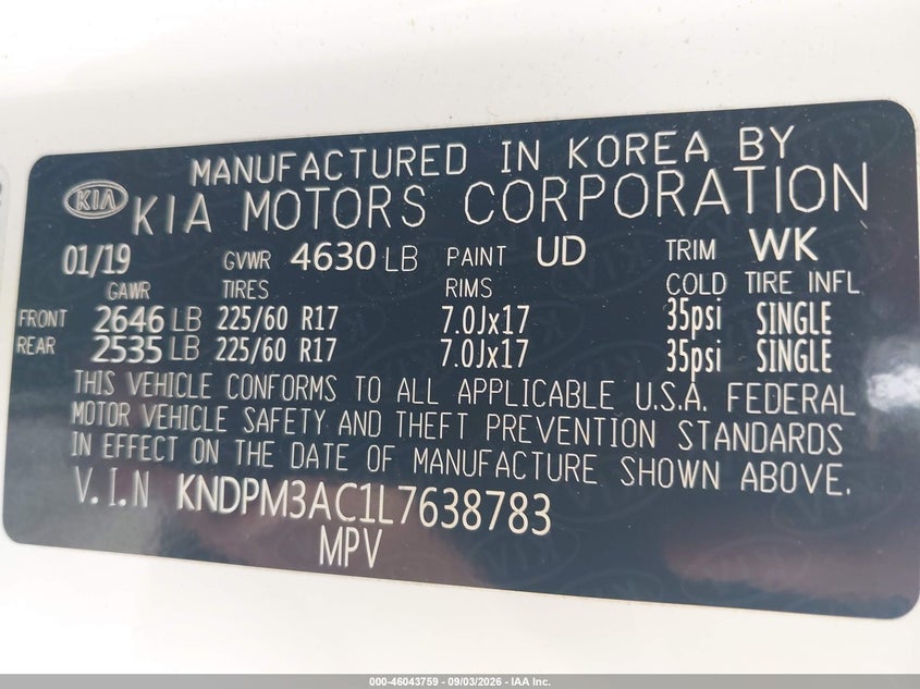 KIA SPORTAGE 2020 VIN KNDPM3AC1L7638783