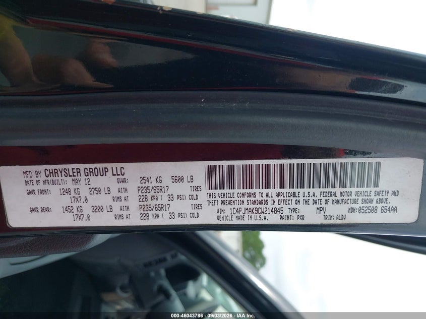 JEEP LIBERTY 2012 VIN 1C4PJMAK9CW214845