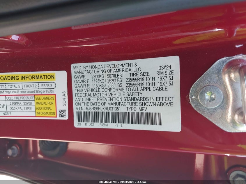 HONDA CR-V HYBRID 2024 VIN 5J6RS6H9XRL031351