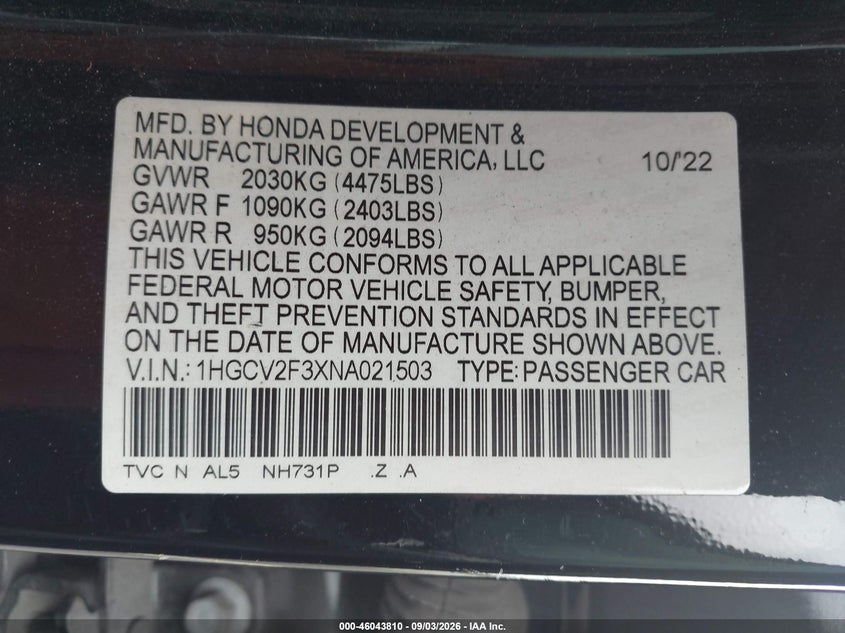 HONDA ACCORD 2022 VIN 1HGCV2F3XNA021503