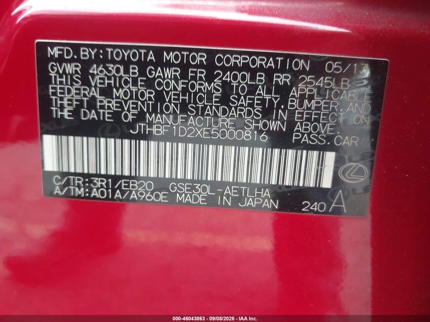 LEXUS IS 250 2014 VIN JTHBF1D2XE5000816