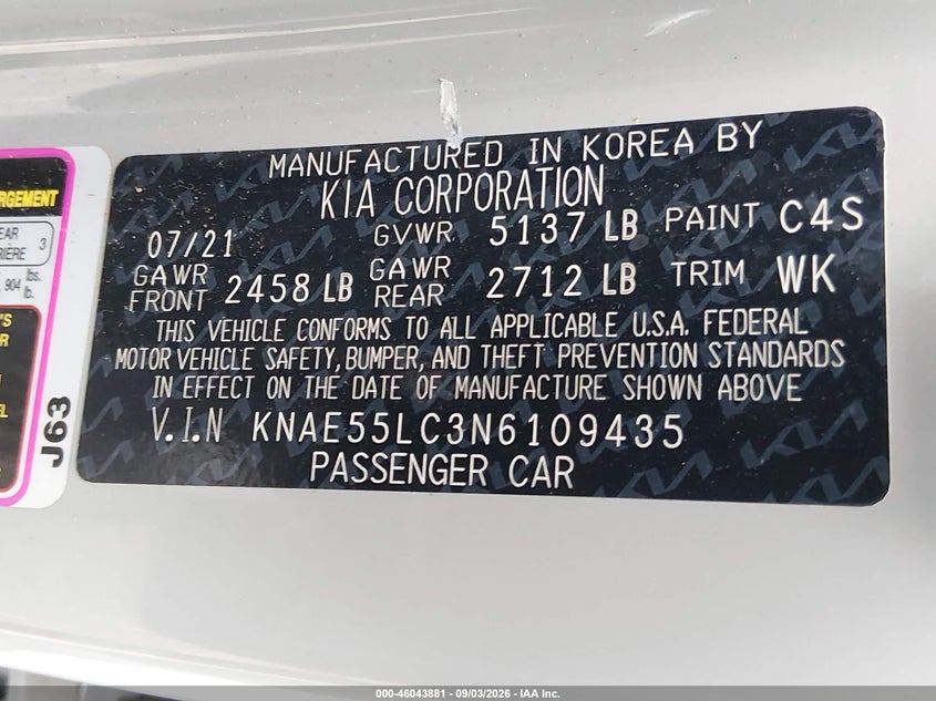 KIA STINGER 2022 VIN KNAE55LC3N6109435
