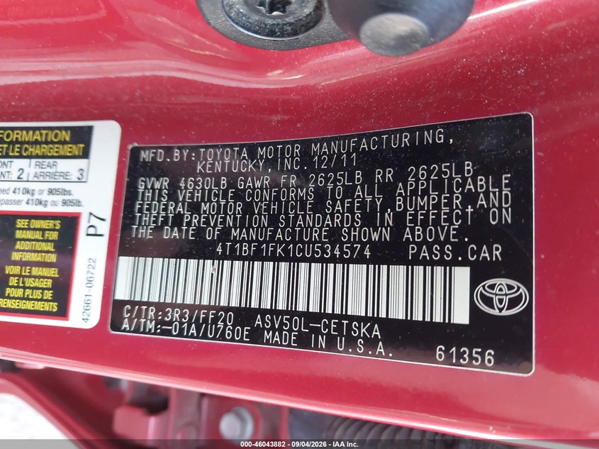 2012 TOYOTA CAMRY SEDAN 2.5L I-4 DOHC, VVT, REGULAR , 173HP
