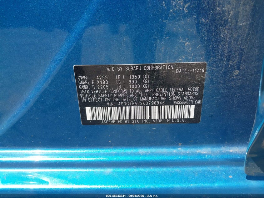SUBARU IMPREZA 2019 VIN 4S3GTAA69K3720946