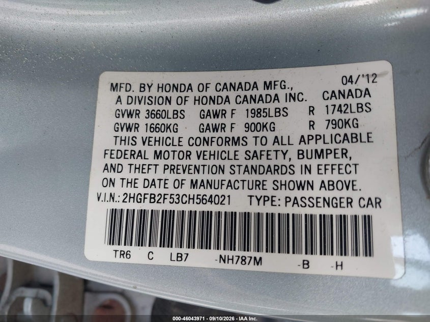 2012 HONDA CIVIC SEDAN 1.8L I-4 VVT, 140HP