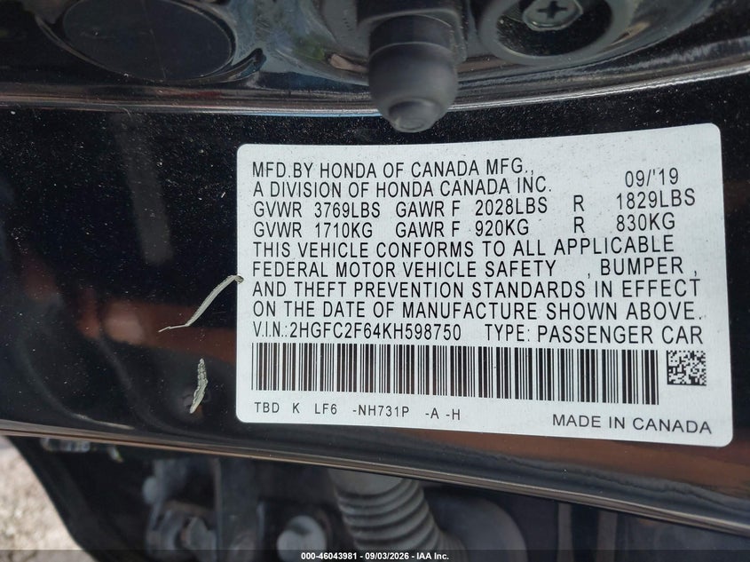 HONDA CIVIC 2019 VIN 2HGFC2F64KH598750