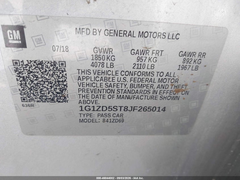 CHEVROLET MALIBU 2018 VIN 1G1ZD5ST8JF265014