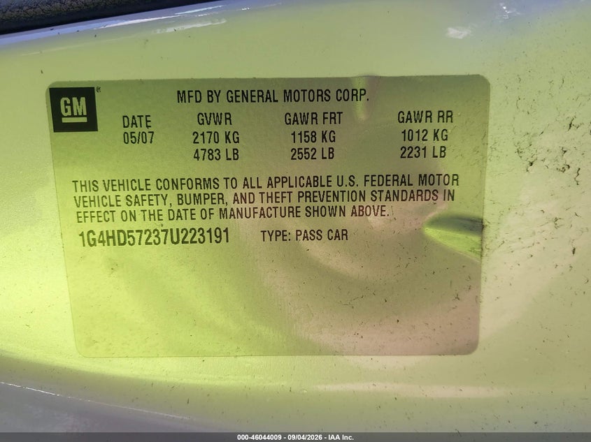 BUICK LUCERNE 2007 VIN 1G4HD57237U223191