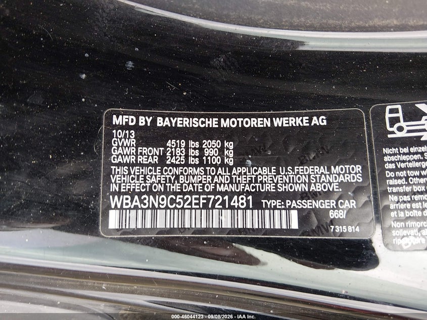 BMW 428I 2014 VIN WBA3N9C52EF721481