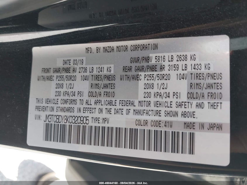 MAZDA CX-9 2019 VIN JM3TCBDY8K0320905