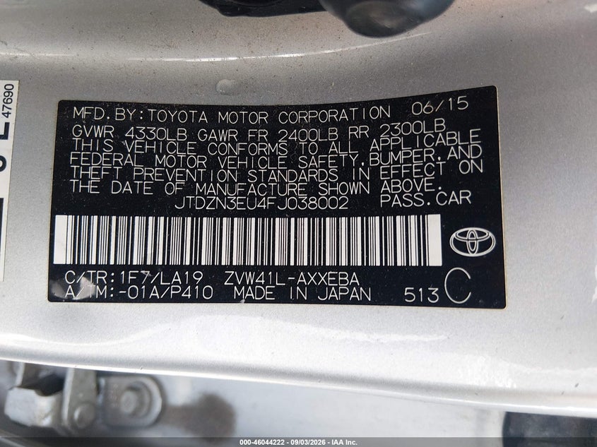 TOYOTA PRIUS V 2015 VIN JTDZN3EU4FJ038002
