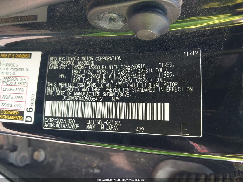LEXUS GX 460 2013 VIN JTJBM7FX4D5056412