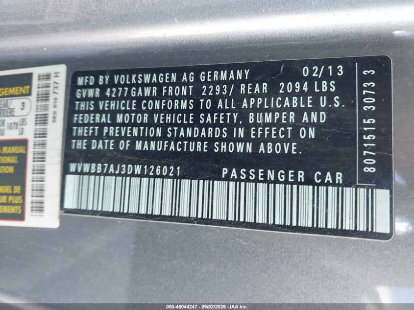 VOLKSWAGEN GOLF 2013 VIN WVWBB7AJ3DW126021