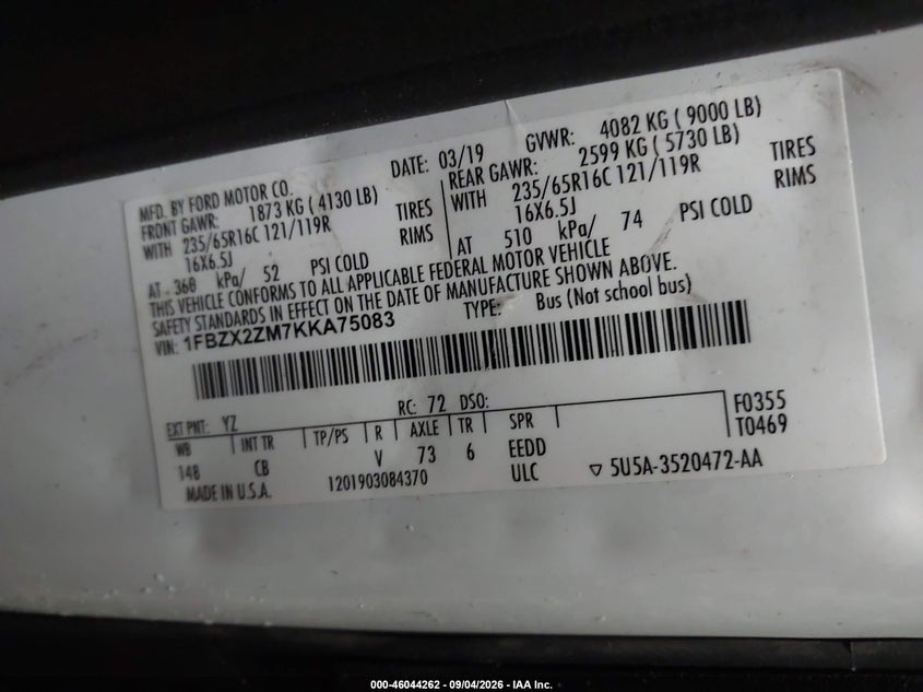 FORD TRANSIT-350 2019 VIN 1FBZX2ZM7KKA75083