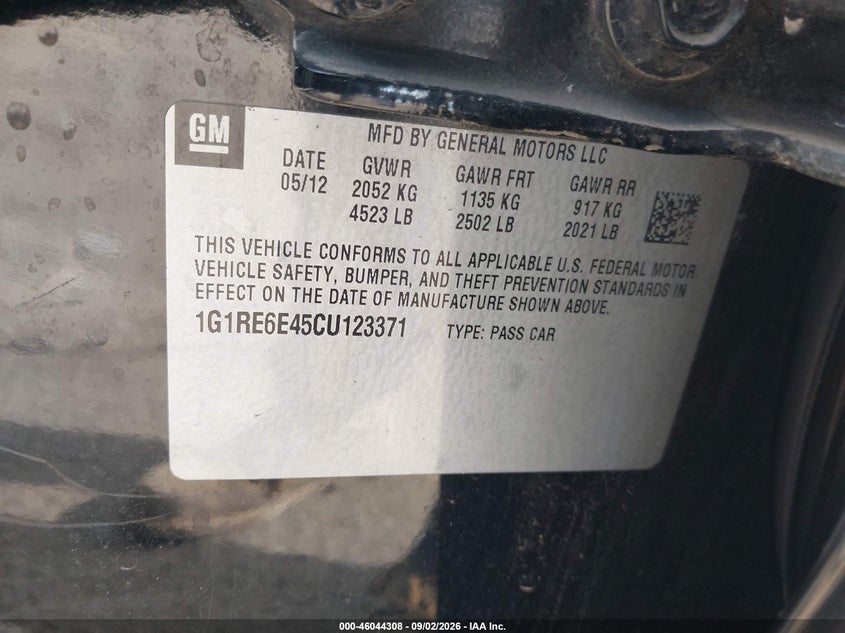 CHEVROLET VOLT 2012 VIN 1G1RE6E45CU123371
