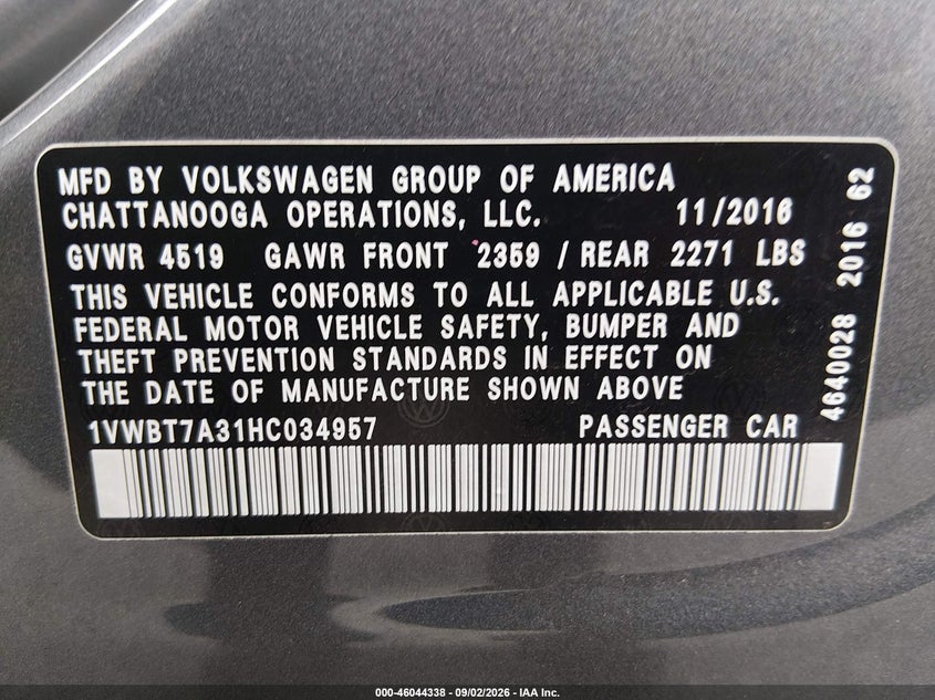VOLKSWAGEN PASSAT 2017 VIN 1VWBT7A31HC034957