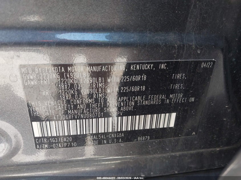 TOYOTA RAV4 HYBRID 2022 VIN 4T3D6RFV7NU080701