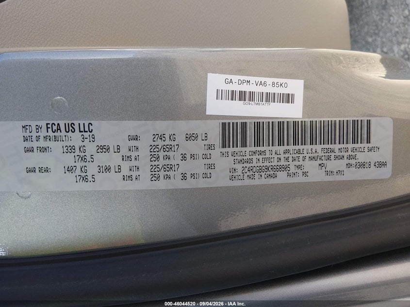 DODGE GRAND CARAVAN 2019 VIN 2C4RDGBG9KR668905