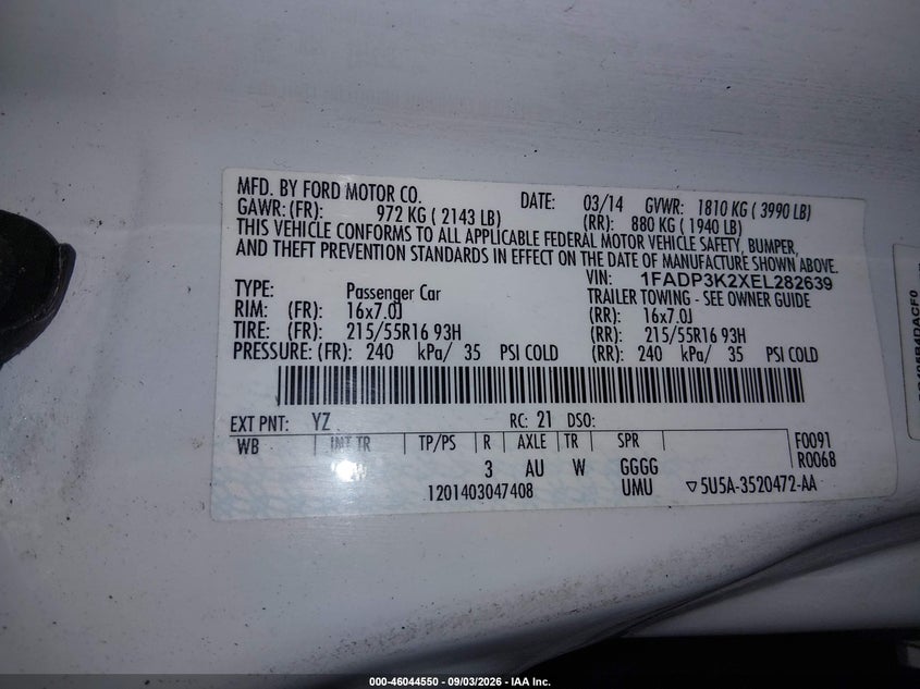 FORD FOCUS 2014 VIN 1FADP3K2XEL282639
