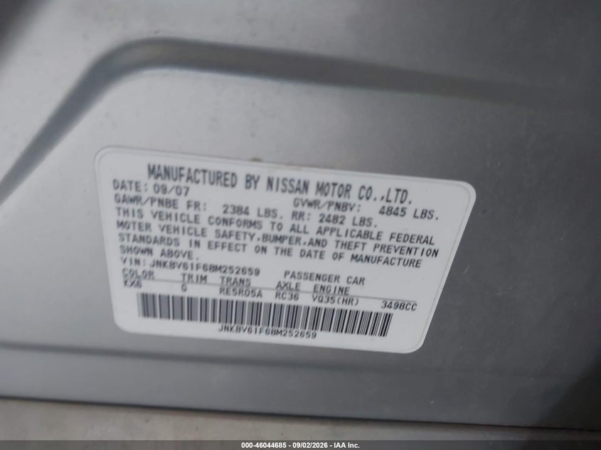 INFINITI G35X 2008 VIN JNKBV61F68M252659