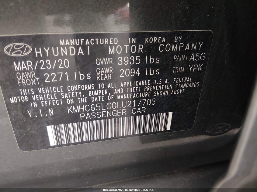 HYUNDAI IONIQ HYBRID 2020 VIN KMHC65LC0LU217703