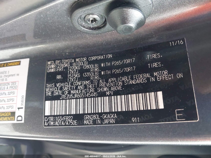 TOYOTA 4RUNNER 2016 VIN JTEZU5JR6G5145445