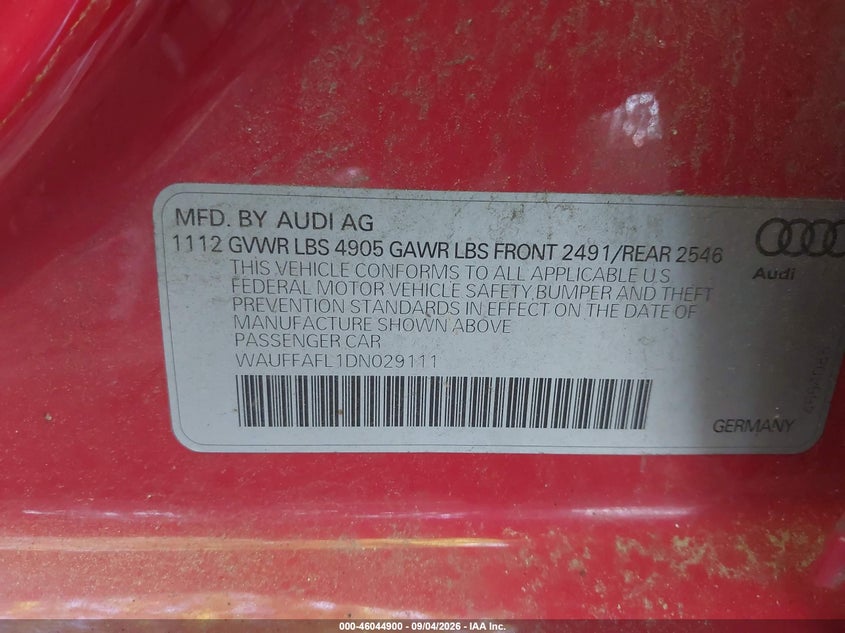 AUDI A4 2013 VIN WAUFFAFL1DN029111