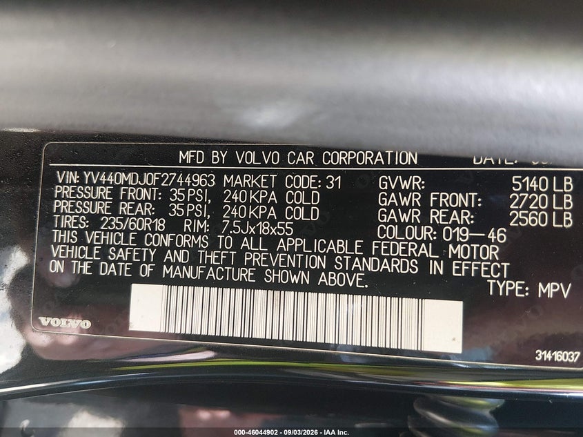 VOLVO XC60 2015 VIN YV440MDJ0F2744963