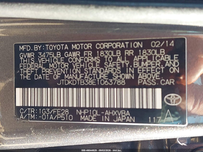 TOYOTA PRIUS C 2014 VIN JTDKDTB38E1063788